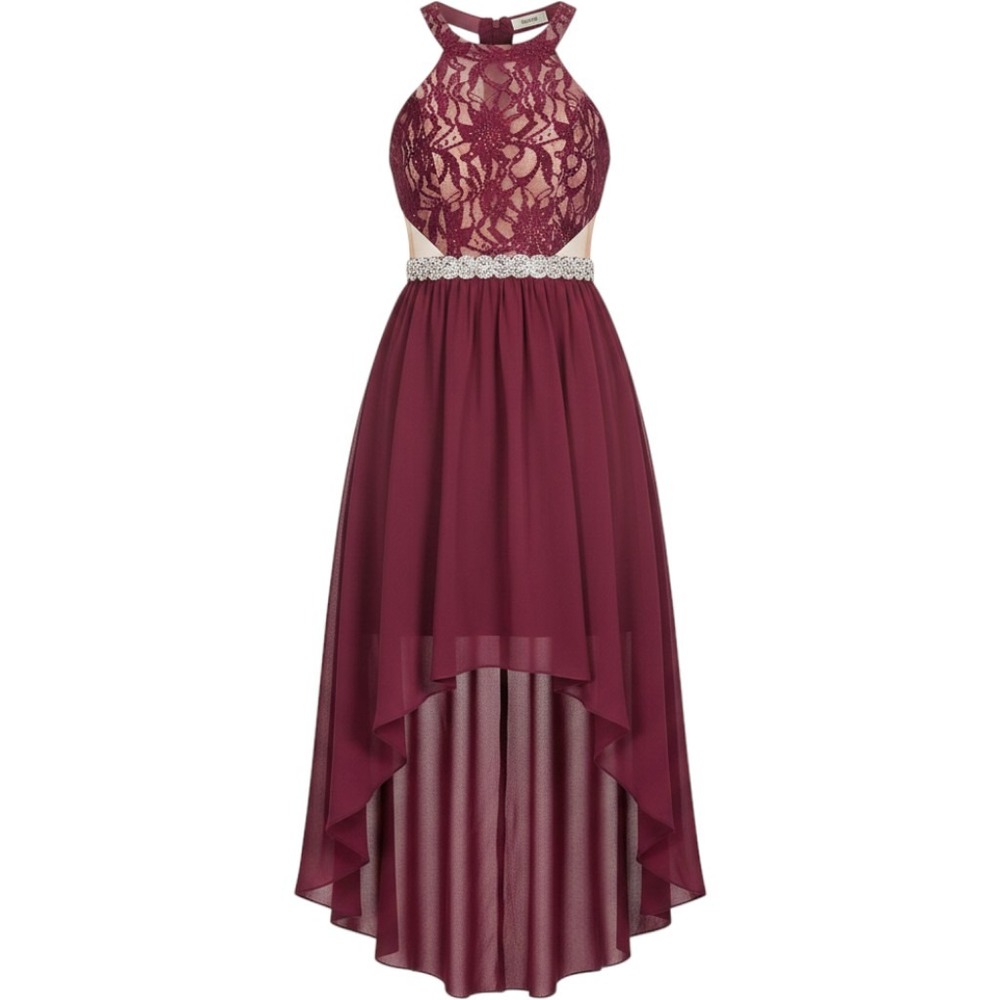 Jodi Kristopher NEW Jr 3 High Low Lace Formal Dress Burgundy Illusion Waist